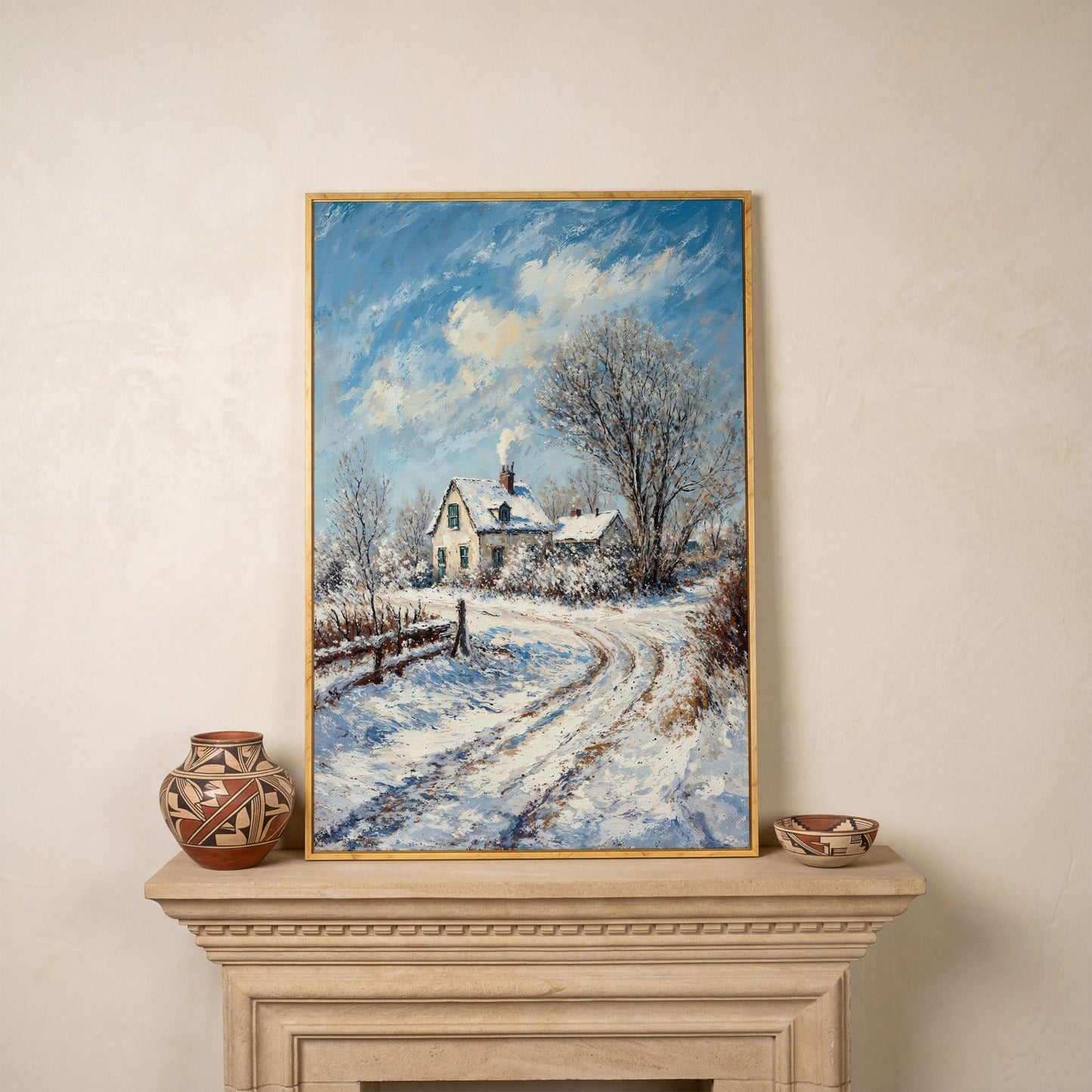 Winter Cottage Canvas Print with Snowy Landscape in white oak floating frame