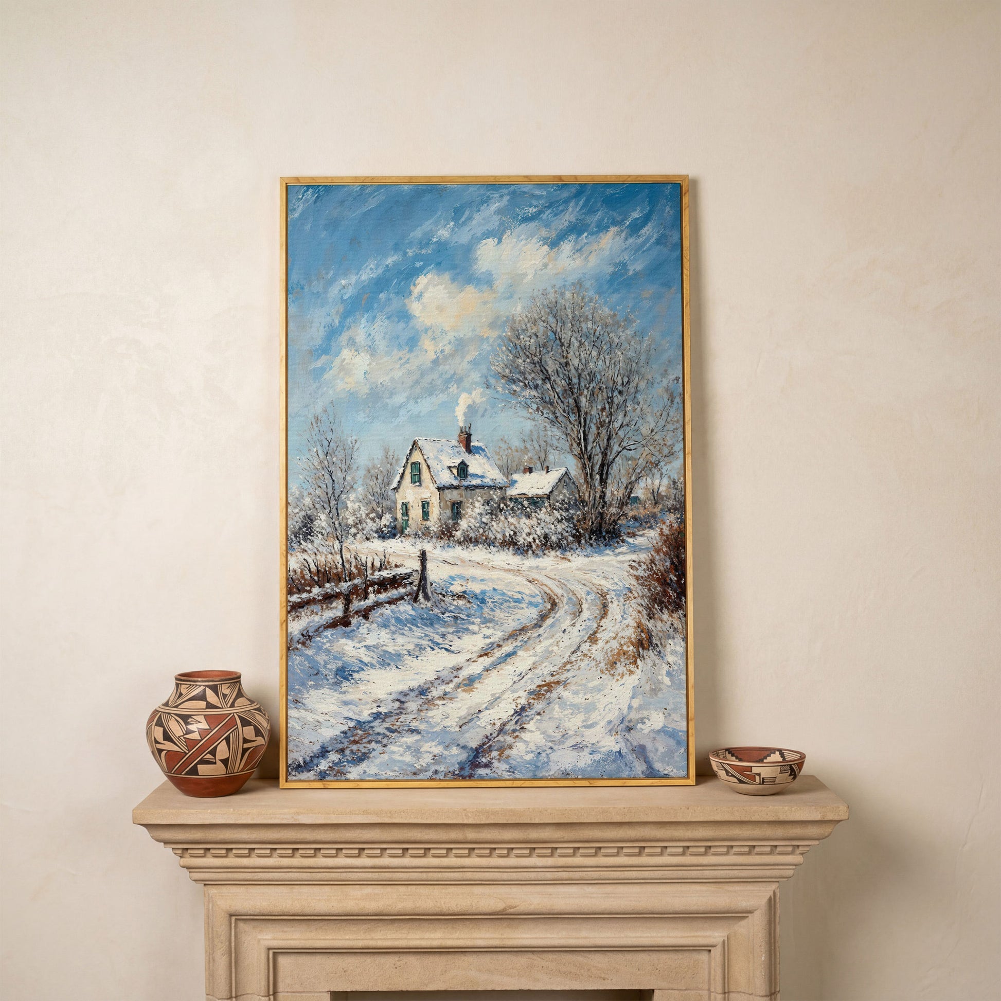 Winter Cottage Canvas Print with Snowy Landscape in white oak floating frame