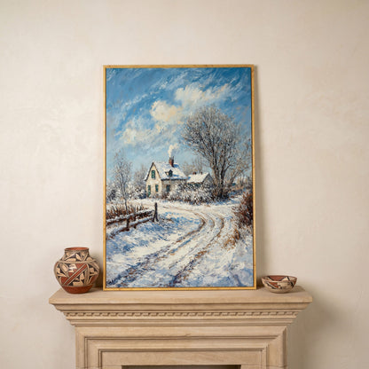 Winter Cottage Canvas Print with Snowy Landscape in white oak floating frame
