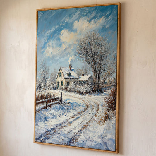 Winter Cottage Canvas Print with Snowy Landscape shown in white oak floating frame