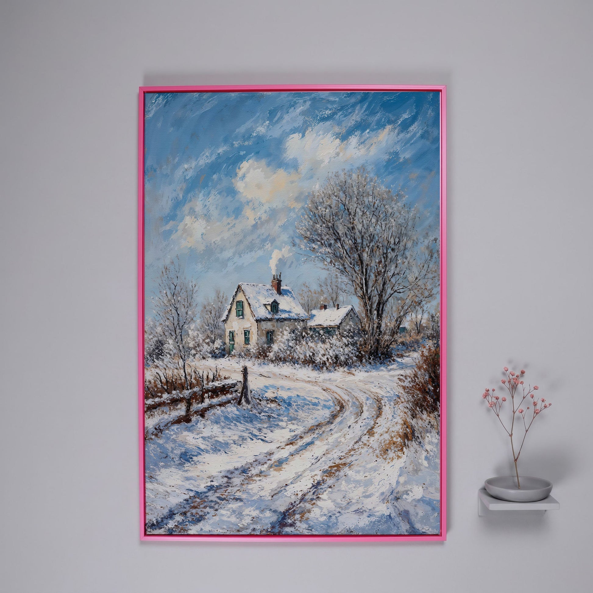 Winter Cottage Canvas Print with Snowy Landscape in pink floating frame