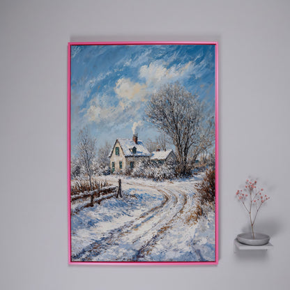 Winter Cottage Canvas Print with Snowy Landscape in pink floating frame
