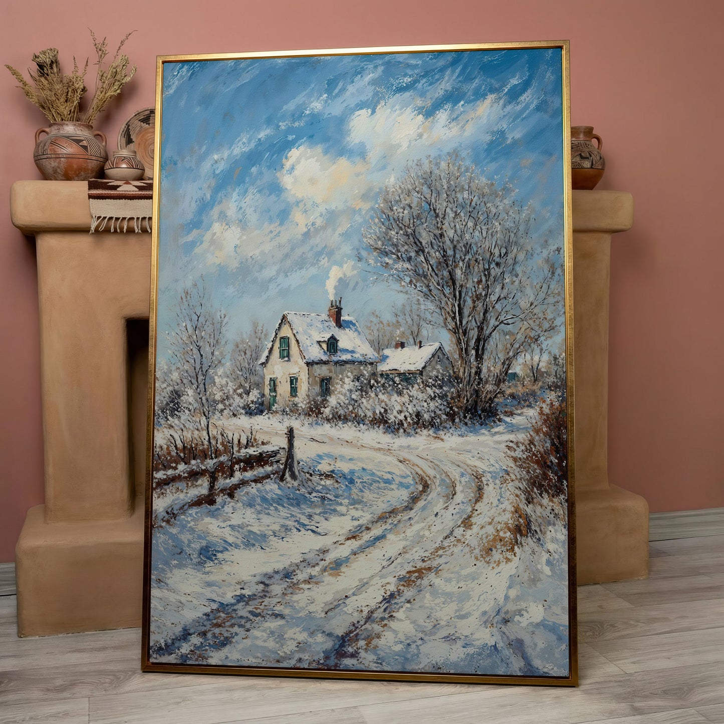 Winter Cottage Canvas Print with Snowy Landscape in rose gold floating frame