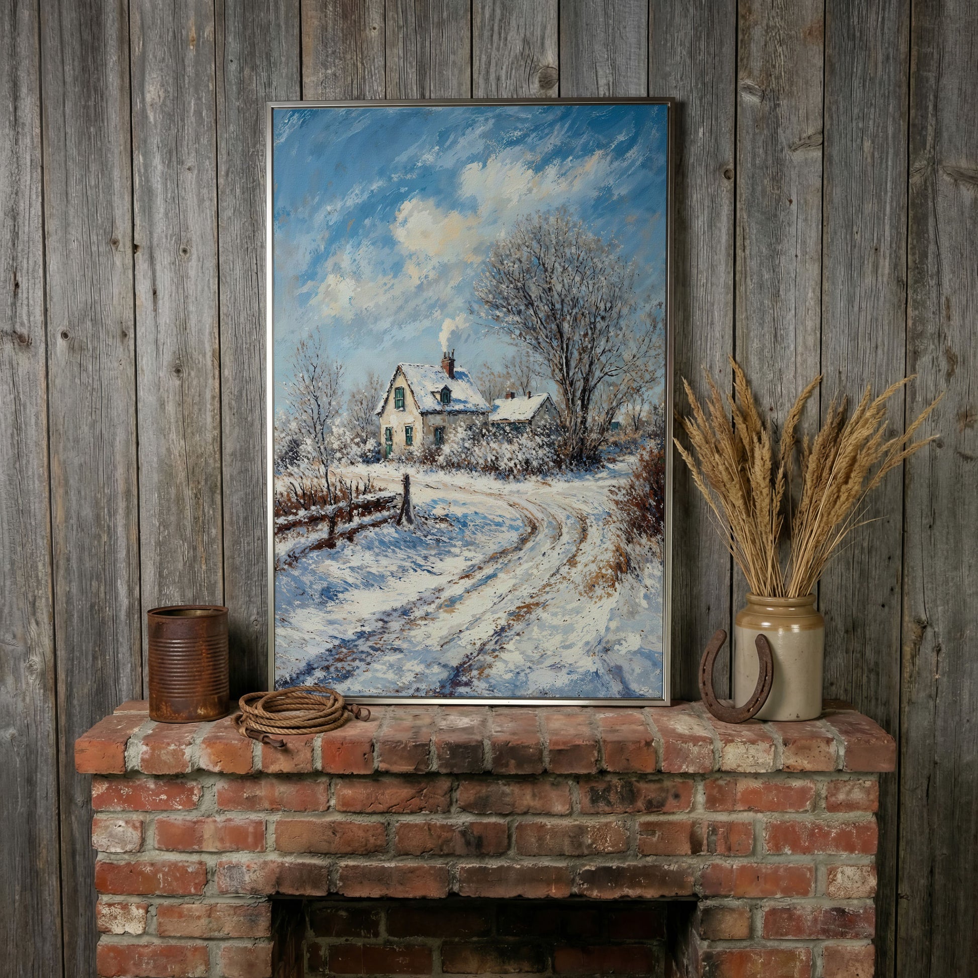 Winter Cottage Canvas Print with Snowy Landscape in silver floating frame
