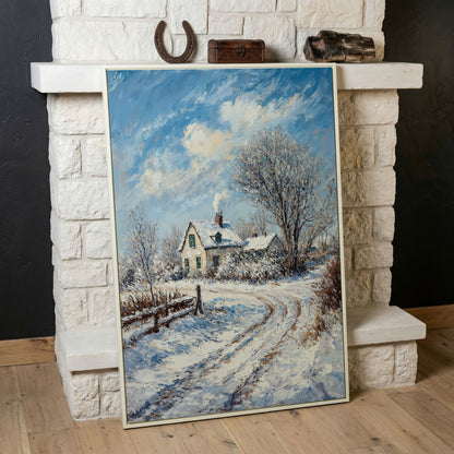 Winter Cottage Canvas Print with Snowy Landscape in white floating frame