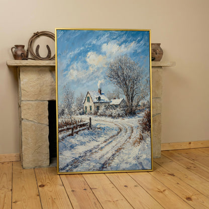 Winter Cottage Canvas Print with Snowy Landscape in yellow gold floating frame