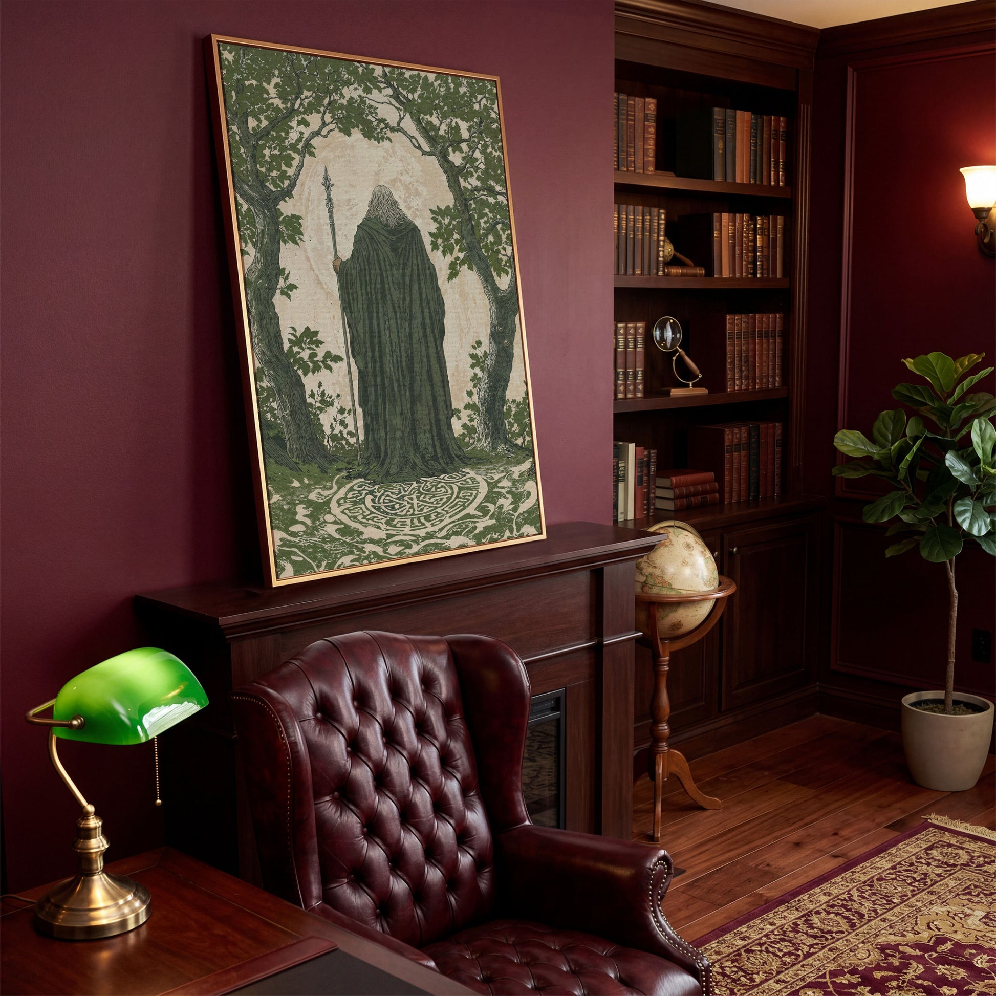 Wise Wizard and Enchanted Trees Canvas in antique gold floating frame