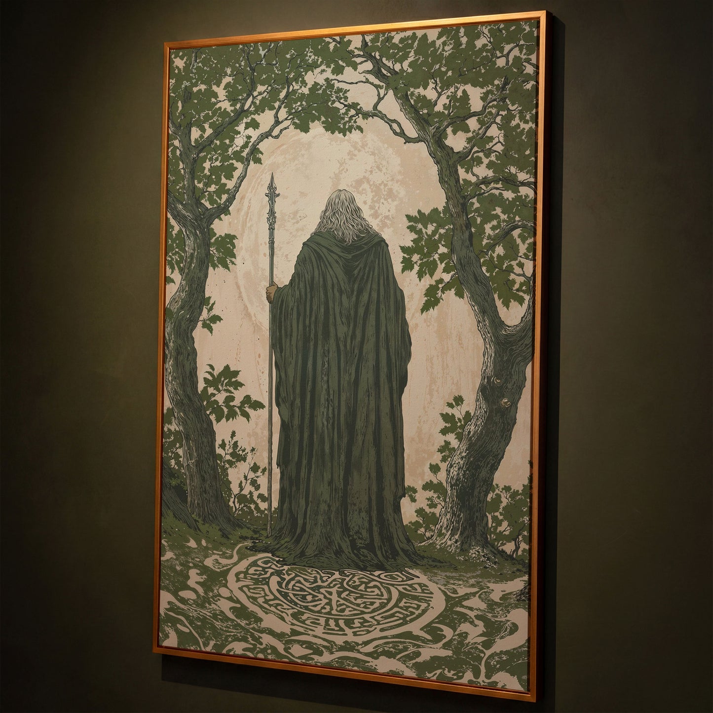 Wise Wizard and Enchanted Trees Canvas shown in antique gold floating frame