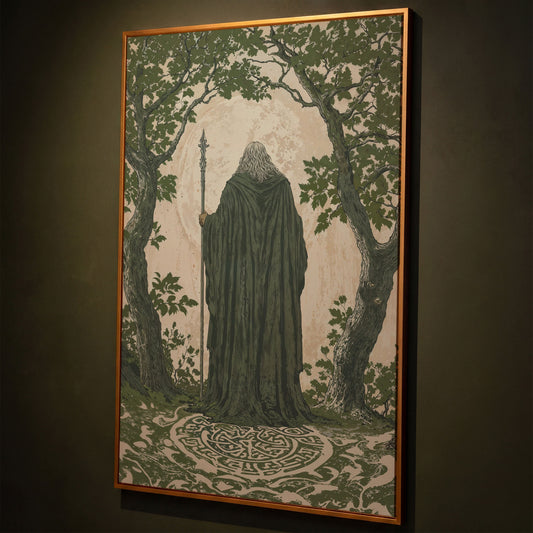 Wise Wizard and Enchanted Trees Canvas shown in antique gold floating frame