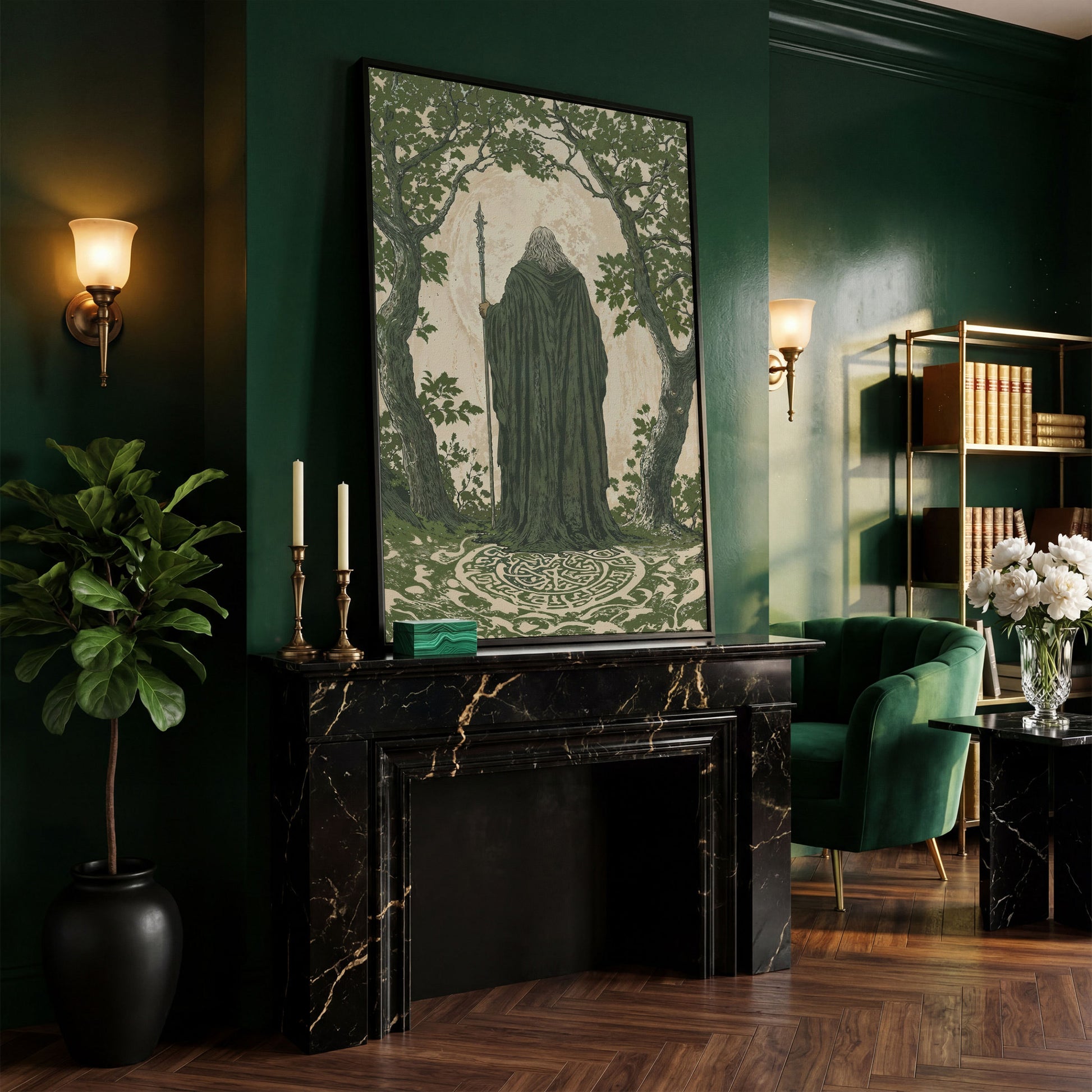 Wise Wizard and Enchanted Trees Canvas in black floating frame