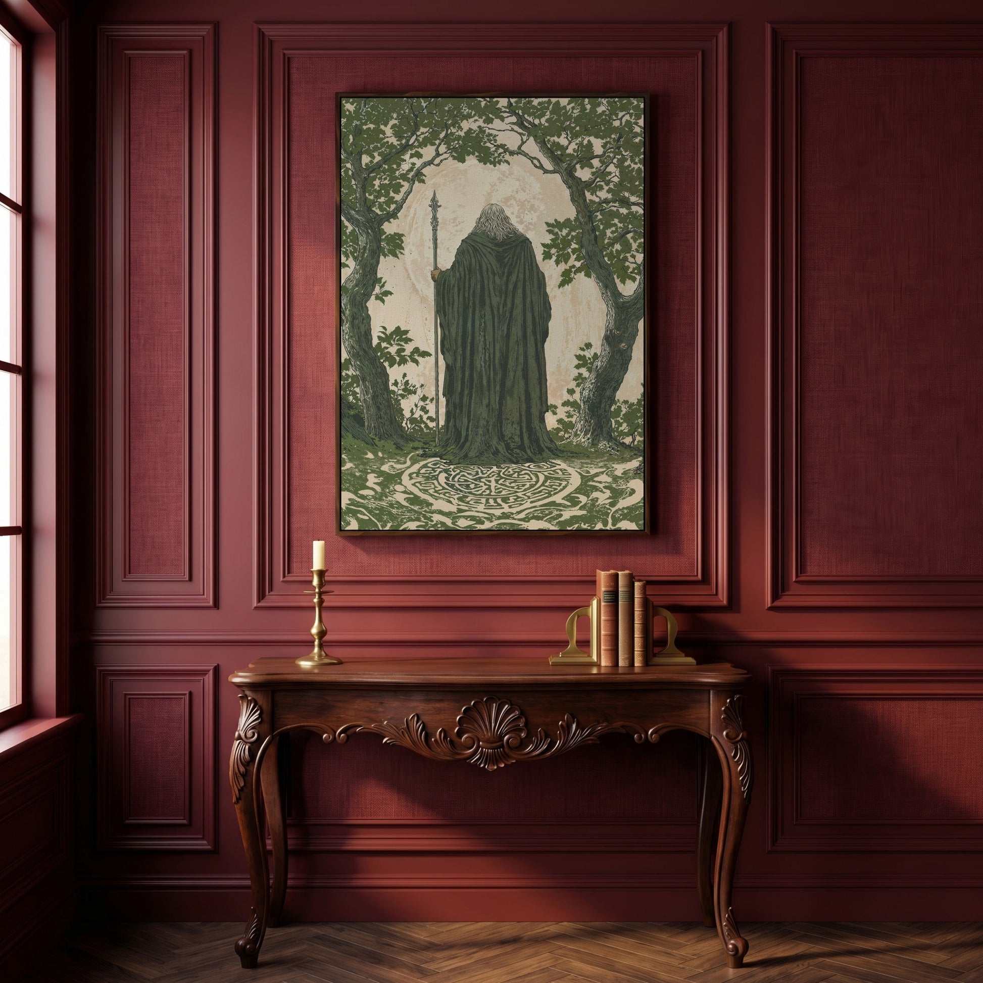 Wise Wizard and Enchanted Trees Canvas in dark walnut floating frame