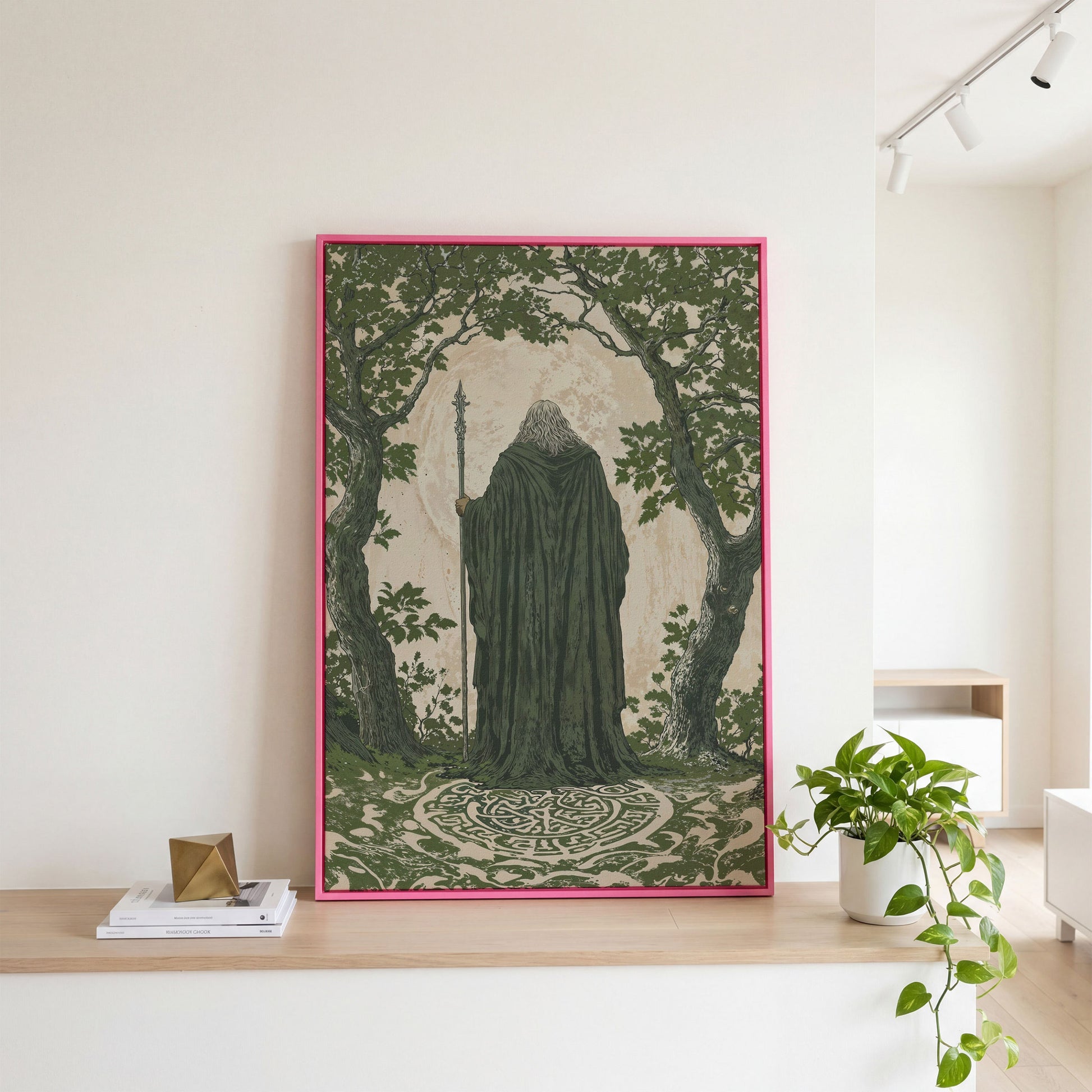 Wise Wizard and Enchanted Trees Canvas in pink floating frame