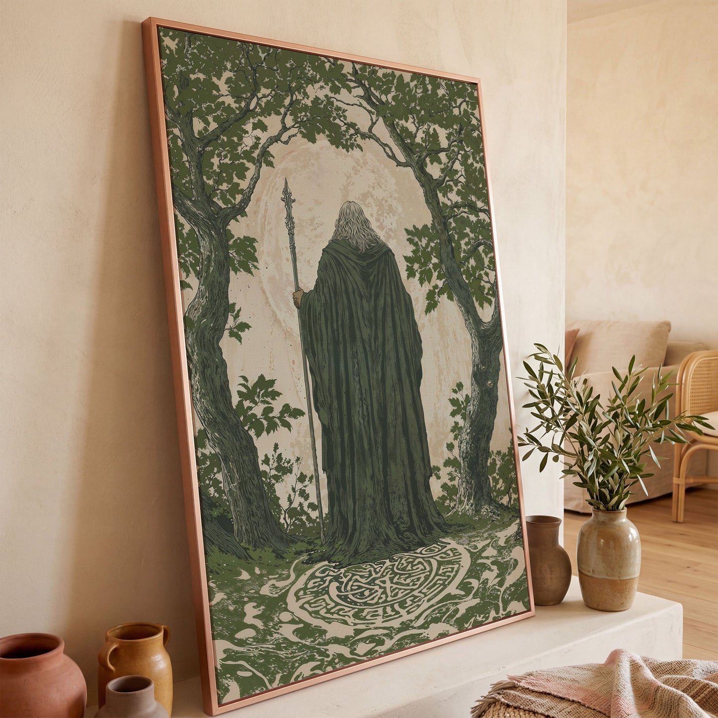 Wise Wizard and Enchanted Trees Canvas in rose gold floating frame