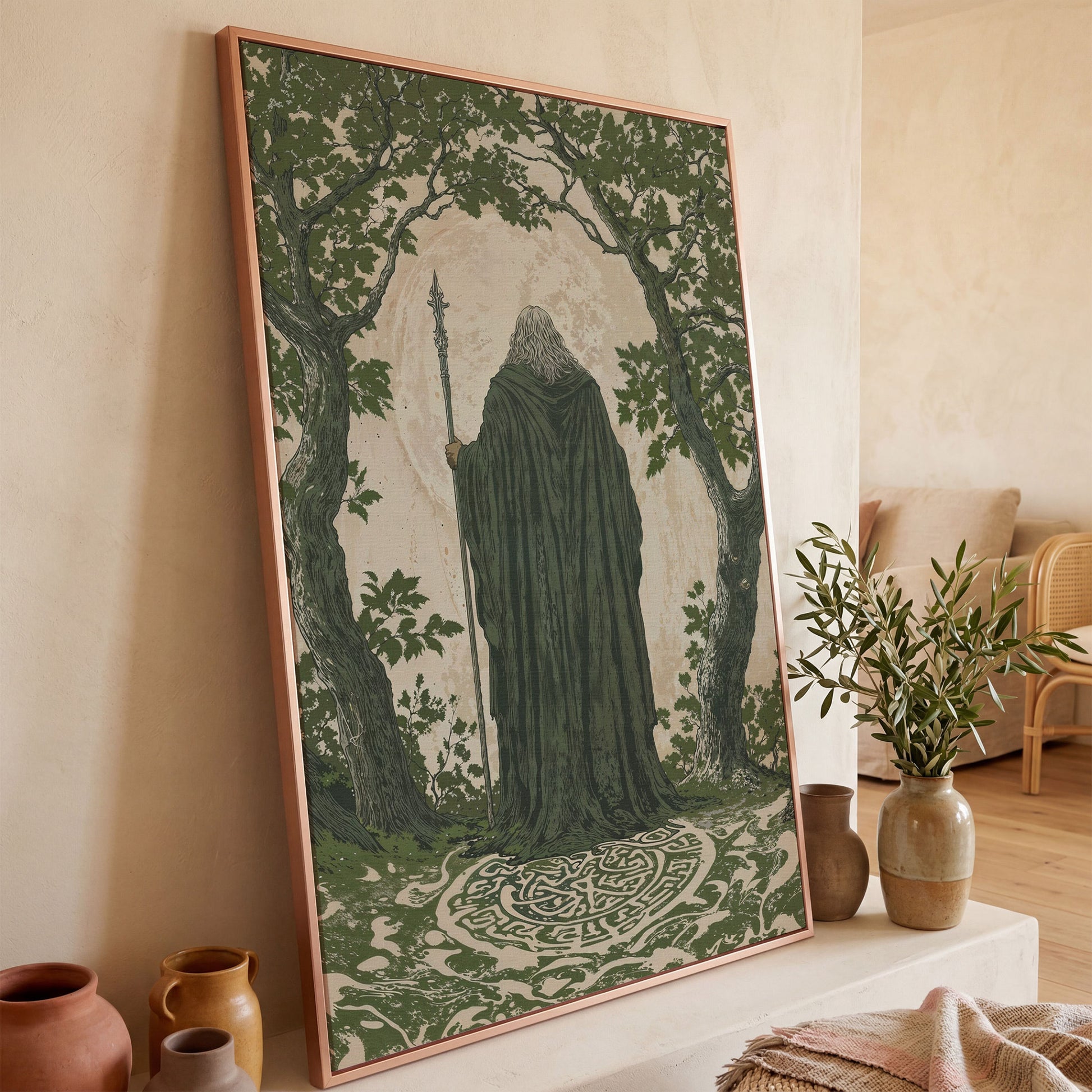 Wise Wizard and Enchanted Trees Canvas in rose gold floating frame