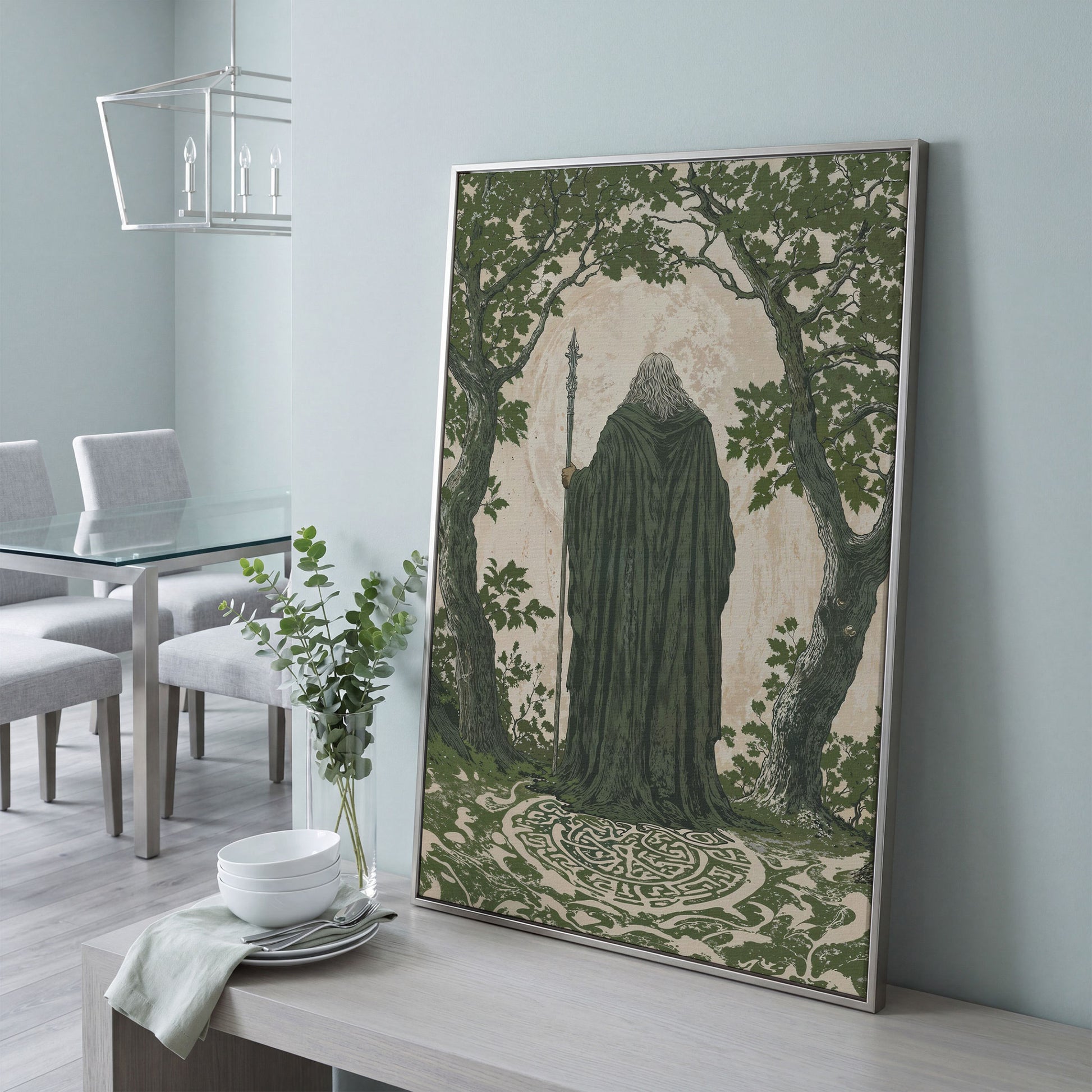 Wise Wizard and Enchanted Trees Canvas in silver floating frame