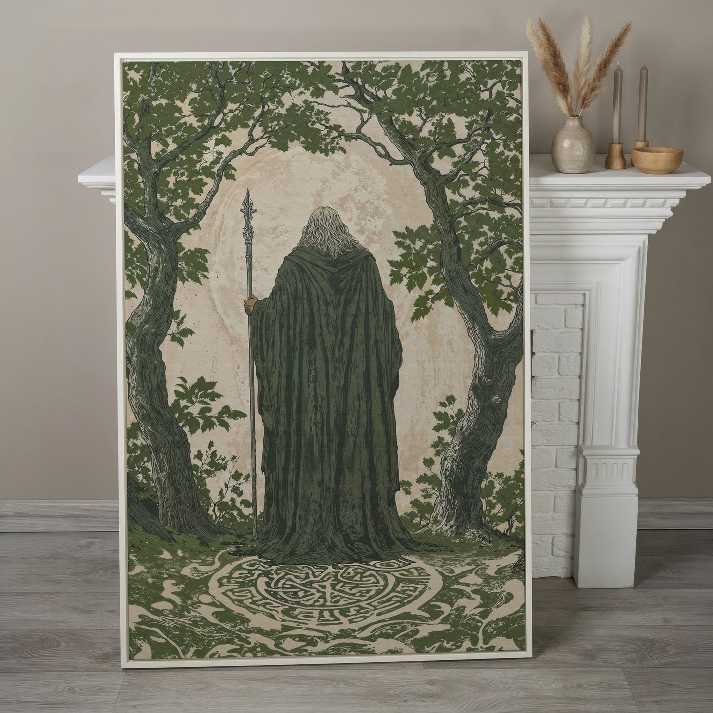 Wise Wizard and Enchanted Trees Canvas in white floating frame