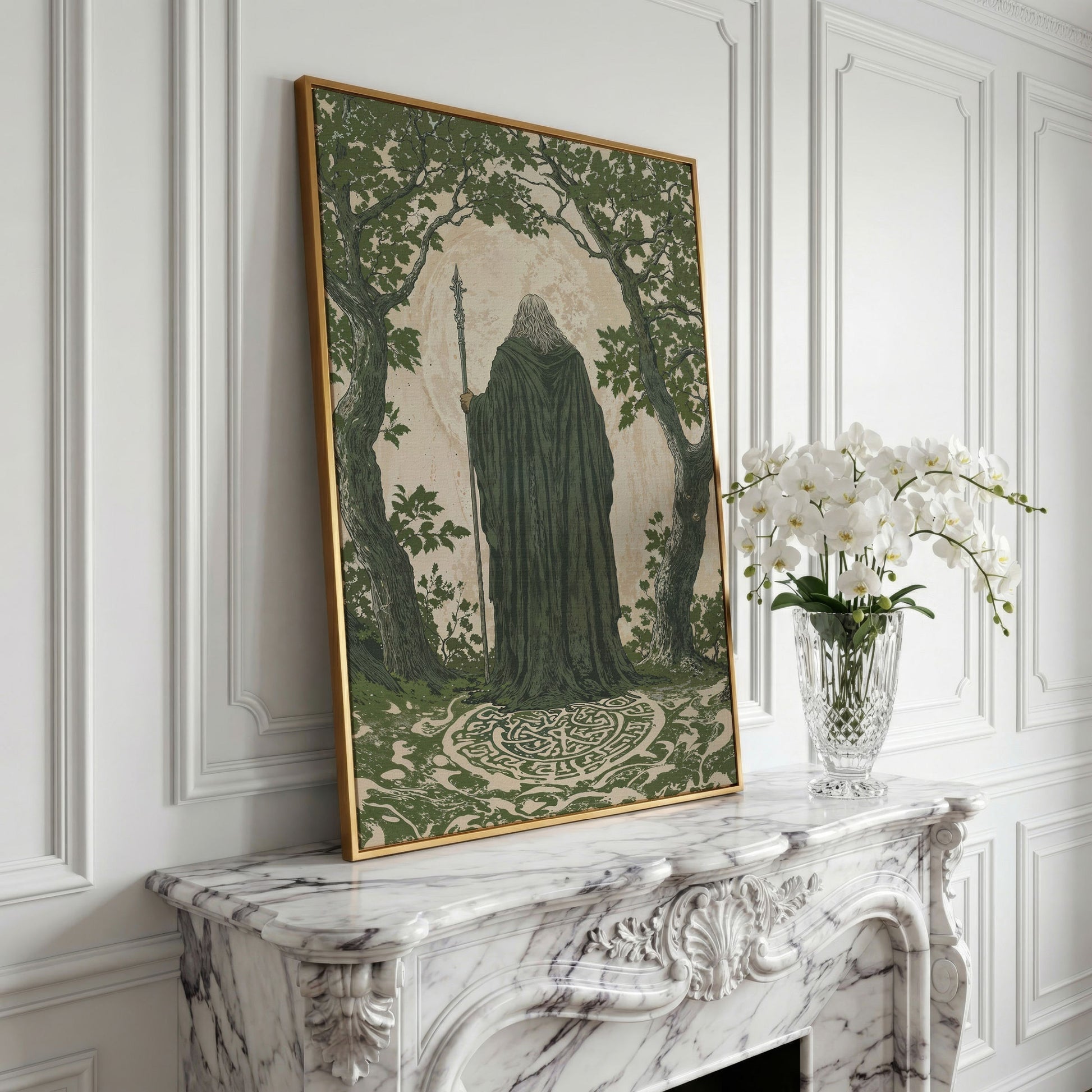 Wise Wizard and Enchanted Trees Canvas in yellow gold floating frame