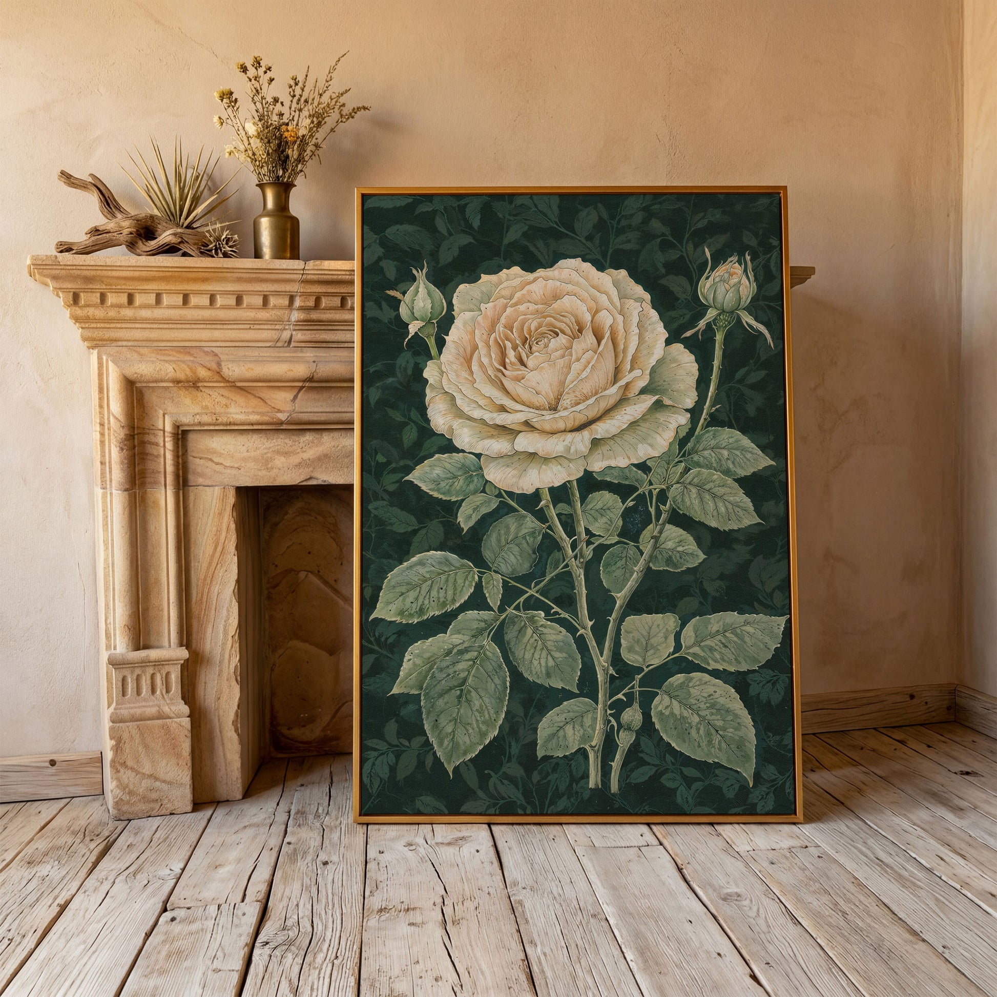 Vintage White Rose on Dark Emerald Canvas in antique gold floating frame