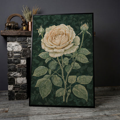 Vintage White Rose on Dark Emerald Canvas in black floating frame