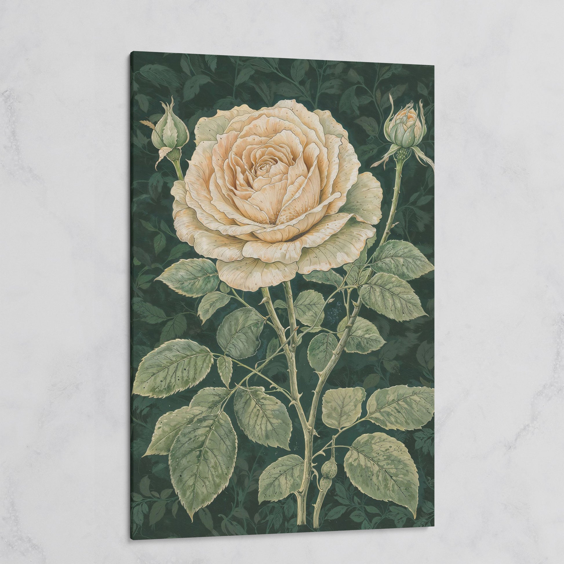 Vintage White Rose on Dark Emerald Canvas on gallery wrap