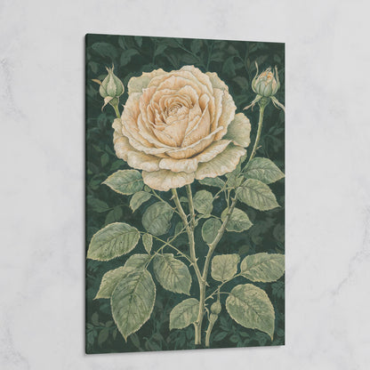 Vintage White Rose on Dark Emerald Canvas on gallery wrap