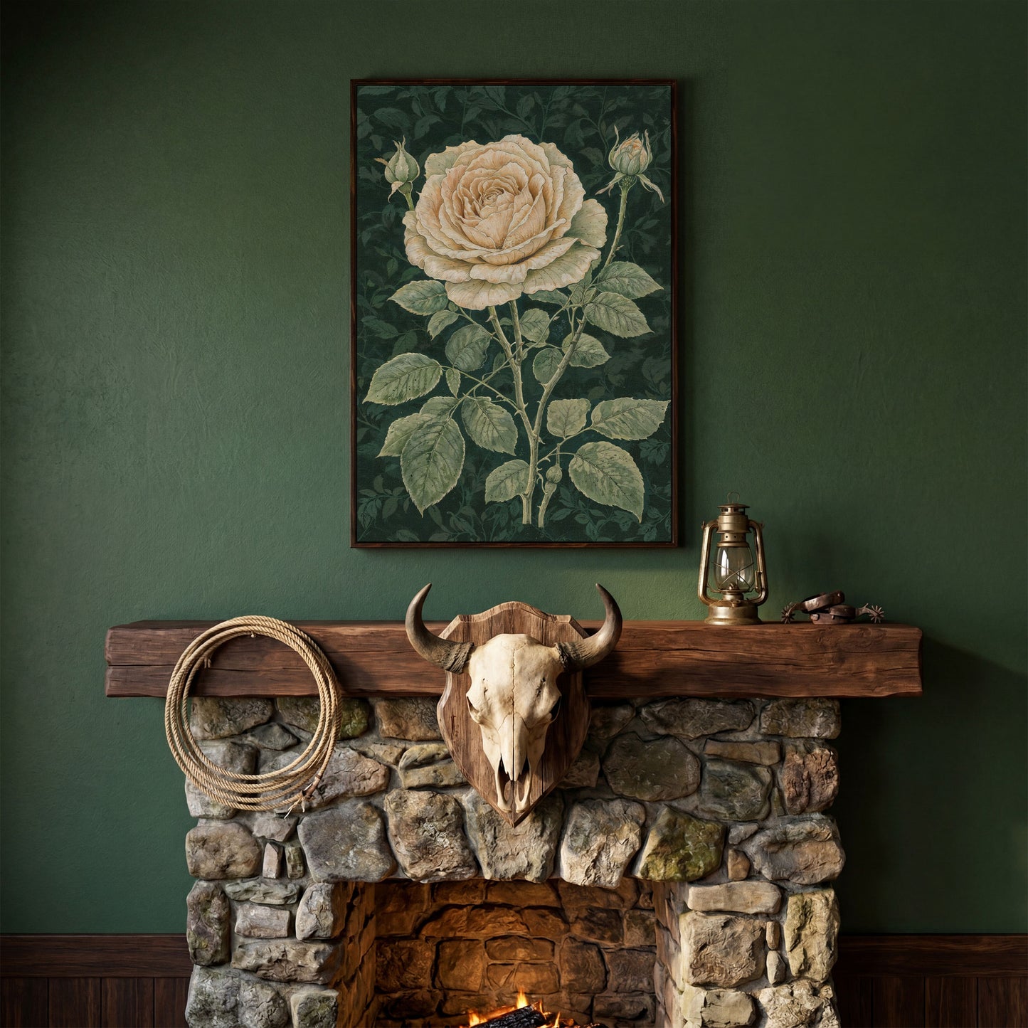 Vintage White Rose on Dark Emerald Canvas in dark walnut floating frame