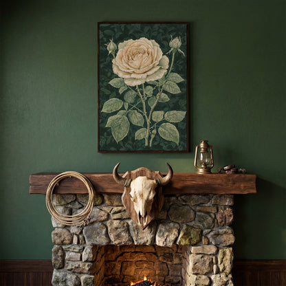 Vintage White Rose on Dark Emerald Canvas in dark walnut floating frame
