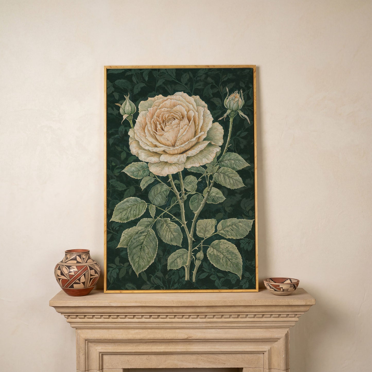 Vintage White Rose on Dark Emerald Canvas in white oak floating frame