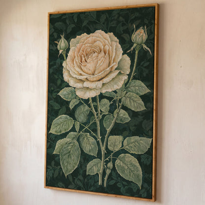 Vintage White Rose on Dark Emerald Canvas shown in white oak floating frame