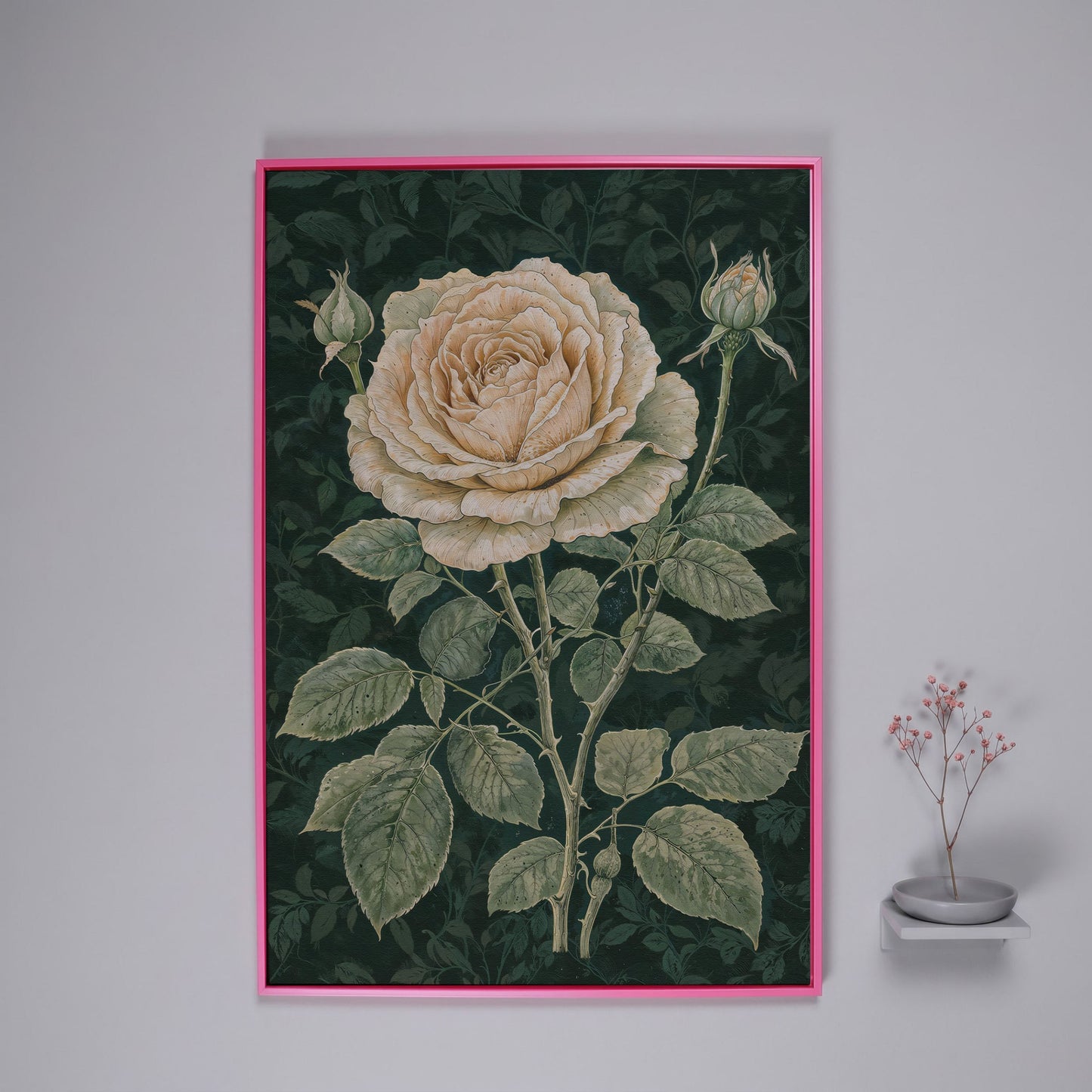 Vintage White Rose on Dark Emerald Canvas in pink floating frame