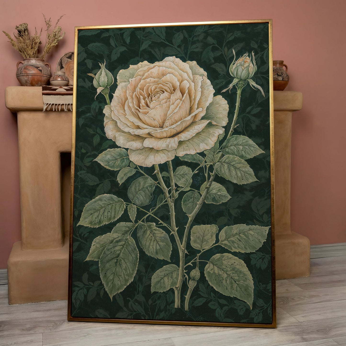 Vintage White Rose on Dark Emerald Canvas in rose gold floating frame