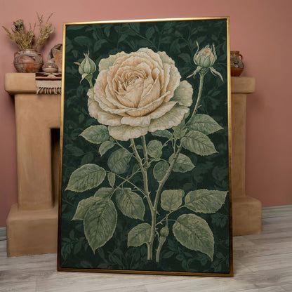 Vintage White Rose on Dark Emerald Canvas in rose gold floating frame