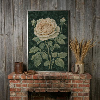 Vintage White Rose on Dark Emerald Canvas in silver floating frame