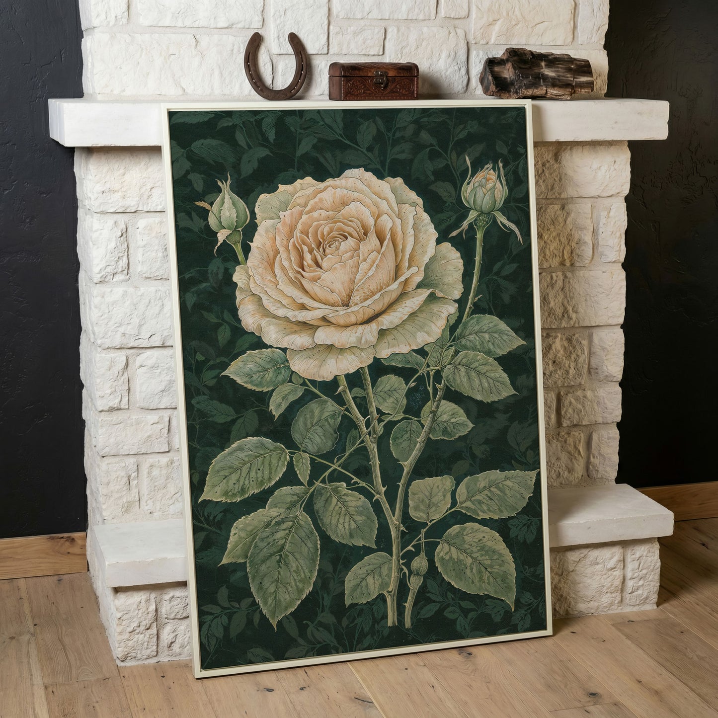 Vintage White Rose on Dark Emerald Canvas in white floating frame