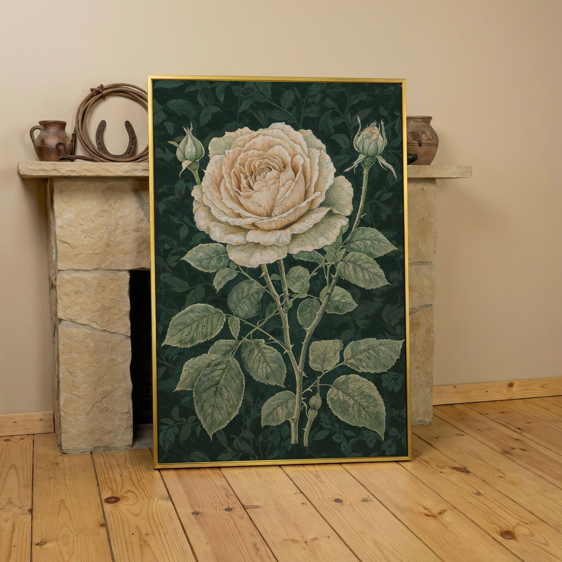 Vintage White Rose on Dark Emerald Canvas in yellow gold floating frame