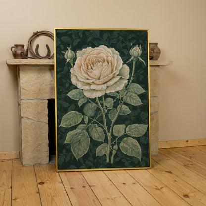 Vintage White Rose on Dark Emerald Canvas in yellow gold floating frame