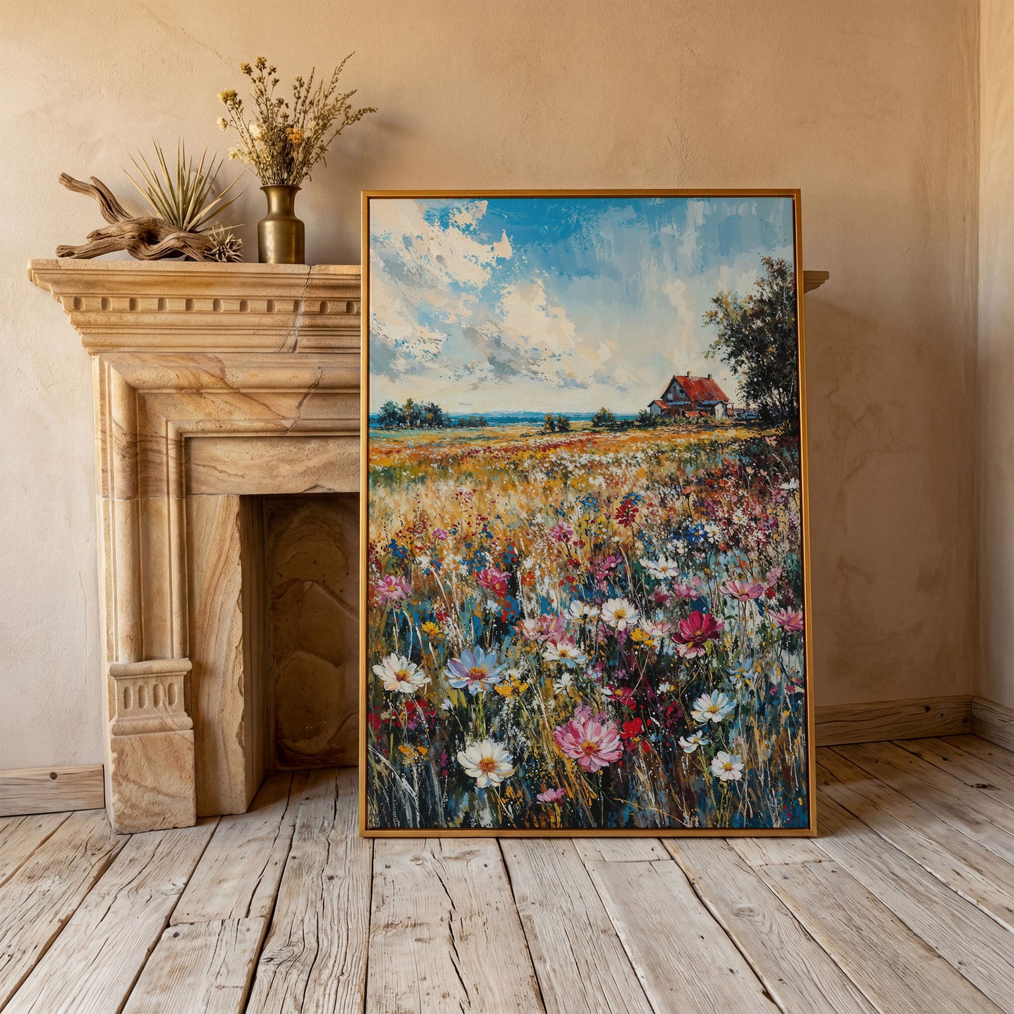 Cottage in Meadow with Wildflowers Canvas Print in antique gold floating frame