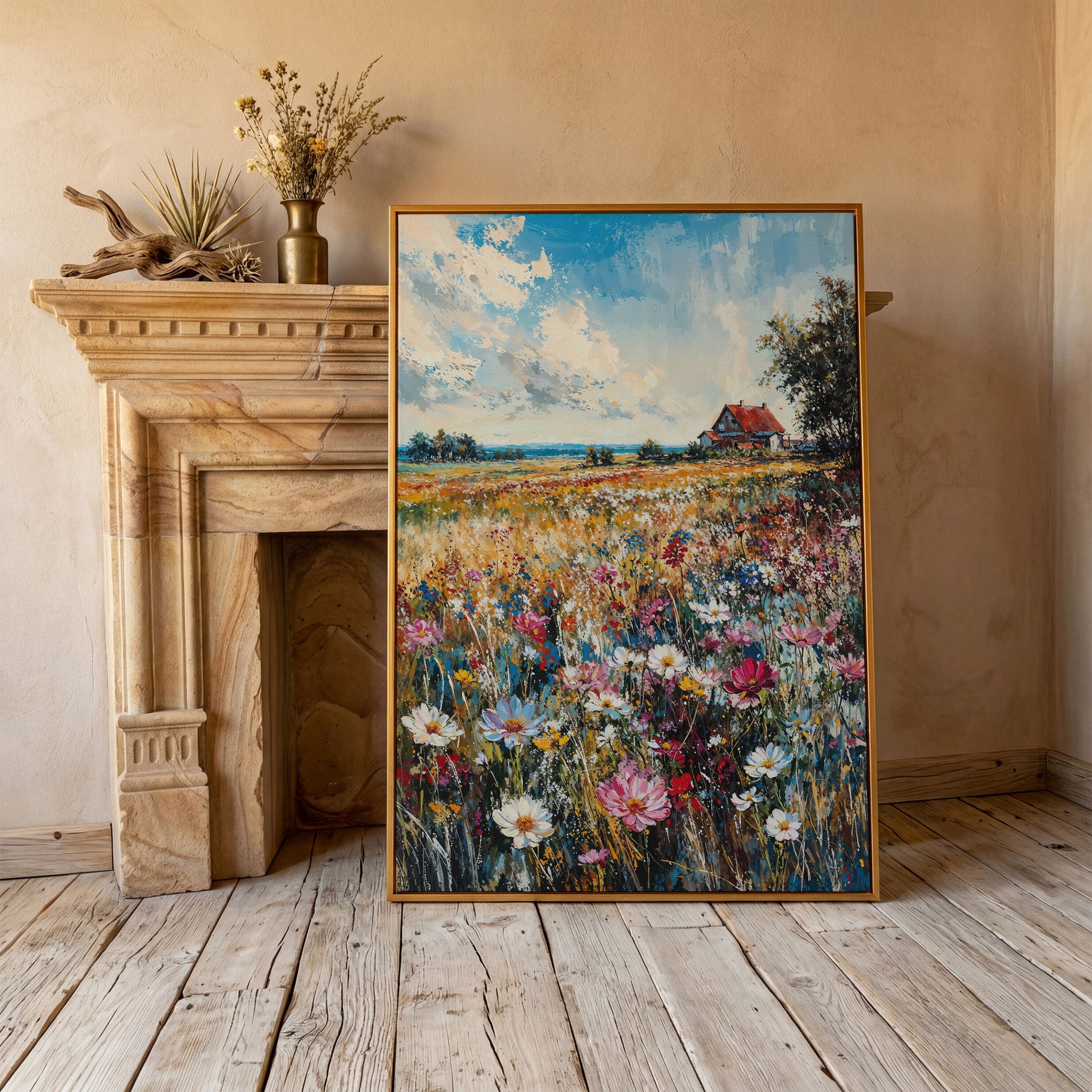 Cottage in Meadow with Wildflowers Canvas Print in antique gold floating frame