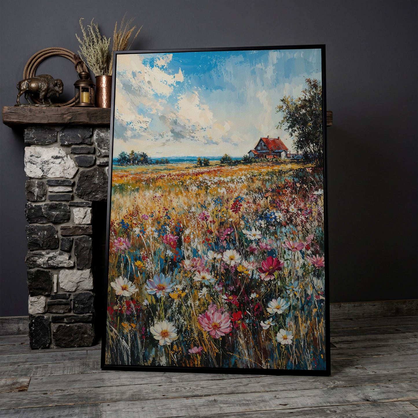 Cottage in Meadow with Wildflowers Canvas Print in black floating frame