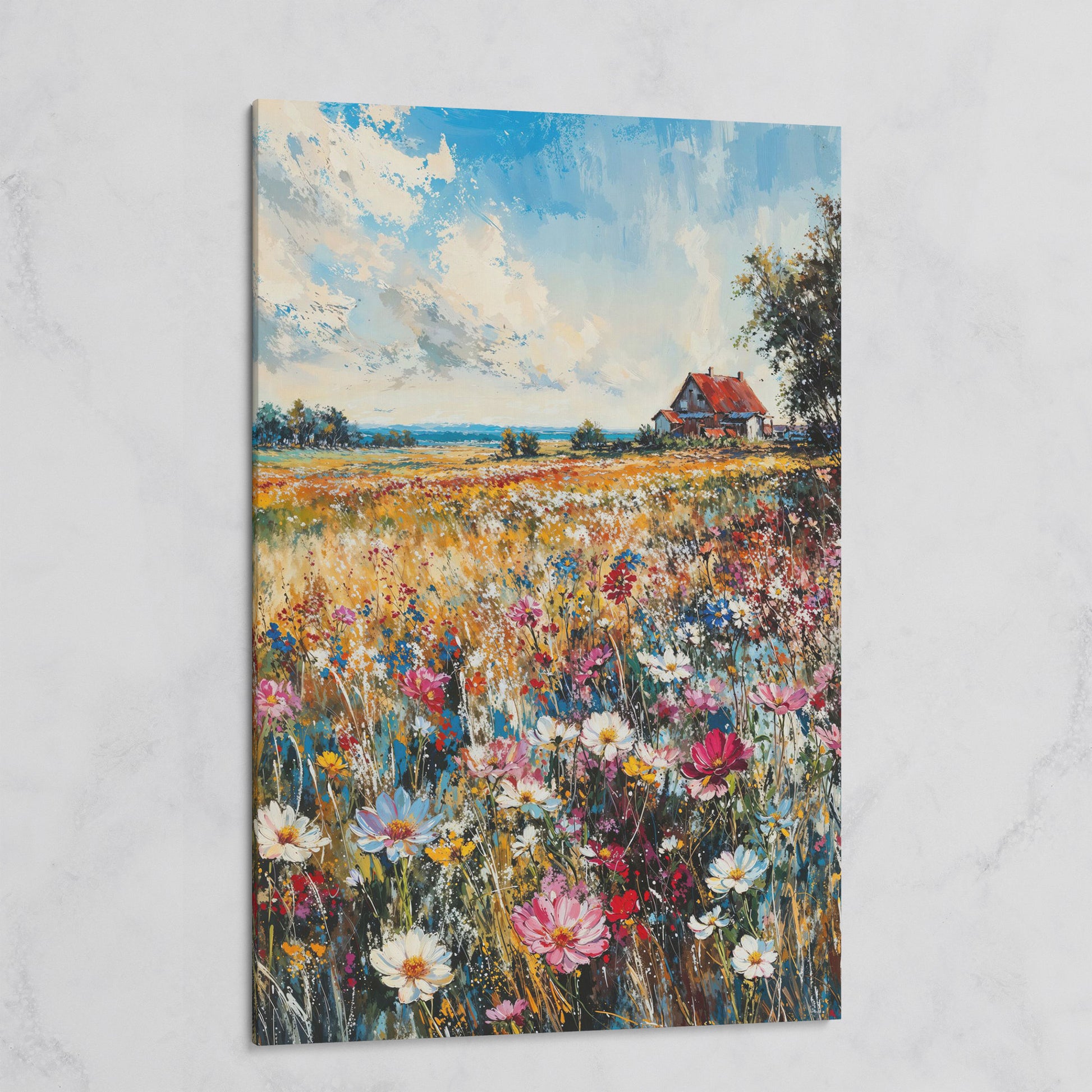 Cottage in Meadow with Wildflowers Canvas Print on gallery wrap
