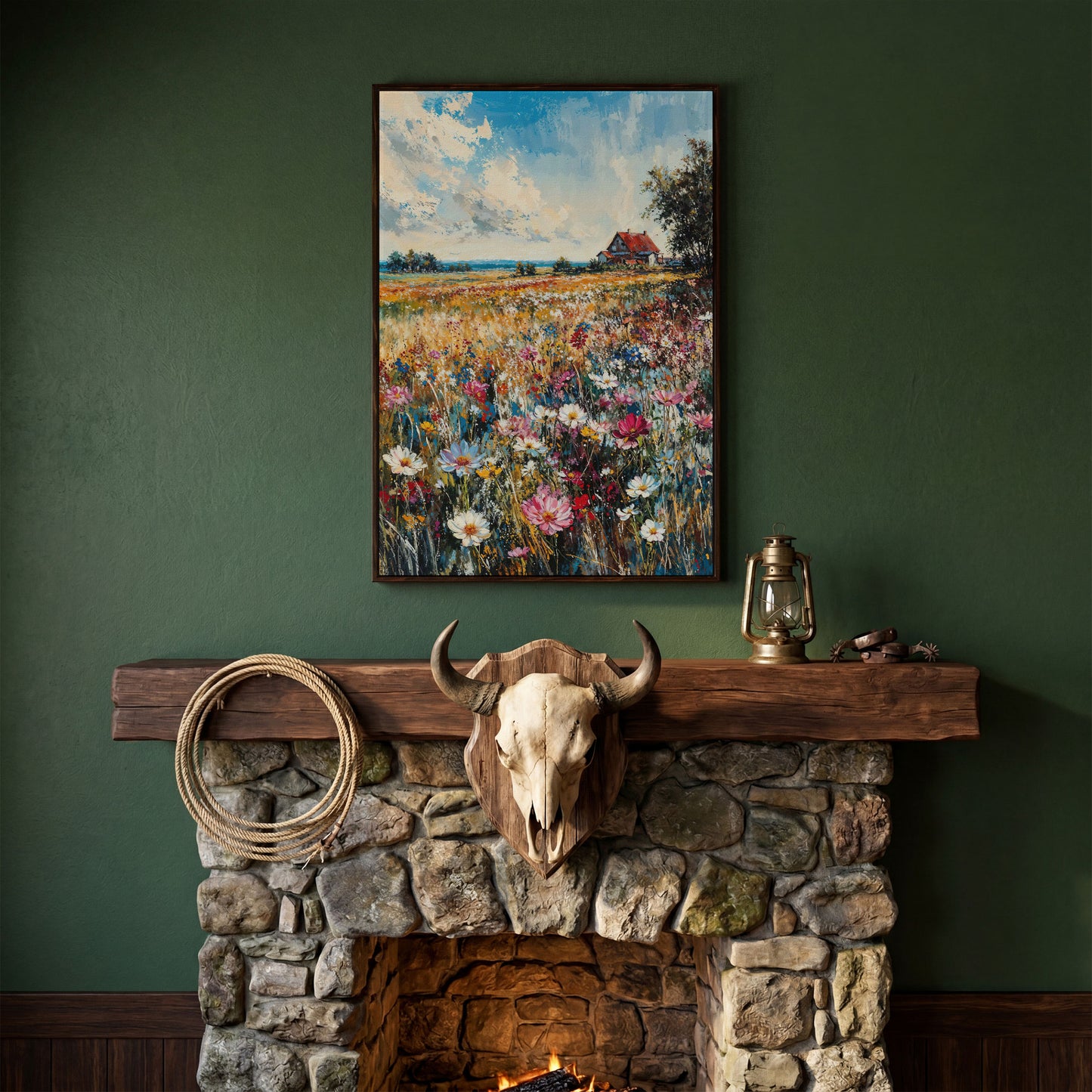 Cottage in Meadow with Wildflowers Canvas Print in dark walnut floating frame