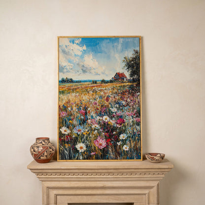 Cottage in Meadow with Wildflowers Canvas Print in white oak floating frame