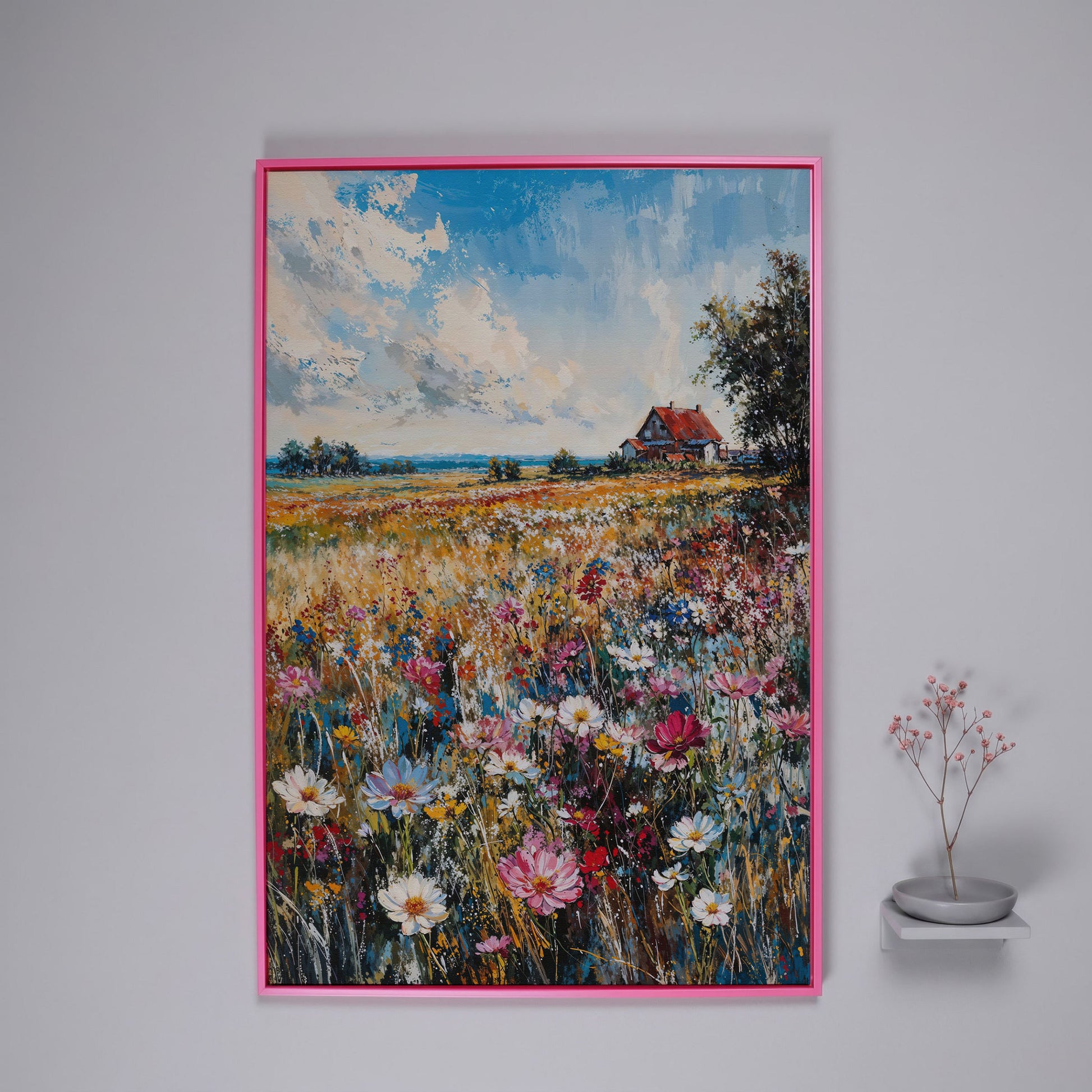 Cottage in Meadow with Wildflowers Canvas Print in pink floating frame
