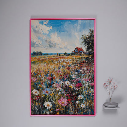 Cottage in Meadow with Wildflowers Canvas Print in pink floating frame