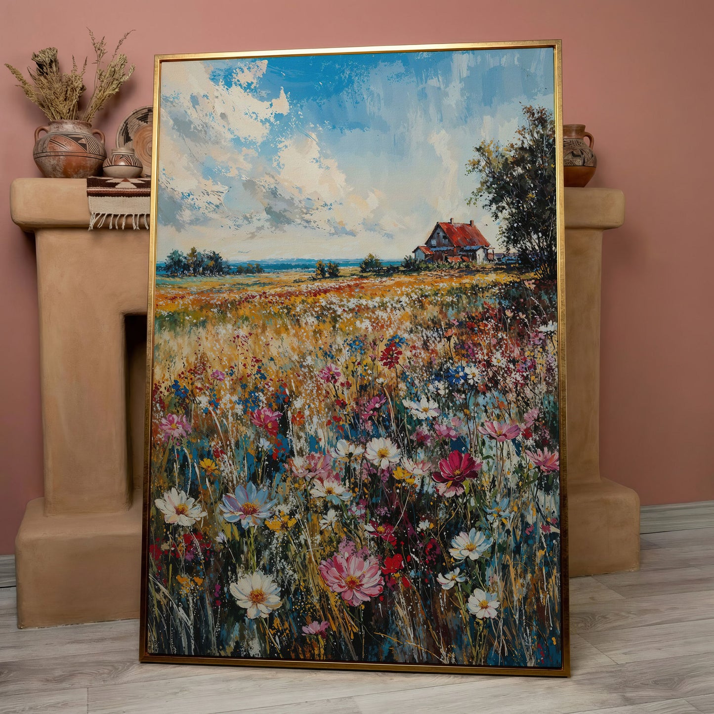 Cottage in Meadow with Wildflowers Canvas Print in rose gold floating frame