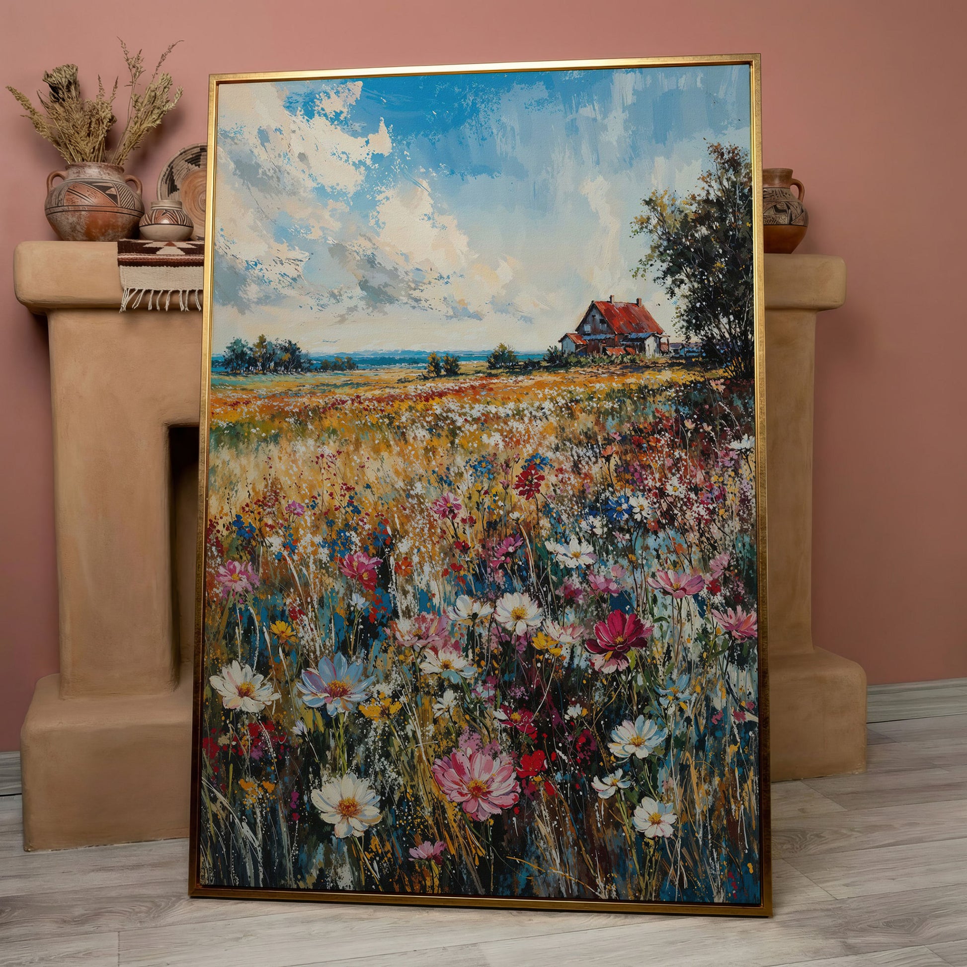 Cottage in Meadow with Wildflowers Canvas Print in rose gold floating frame
