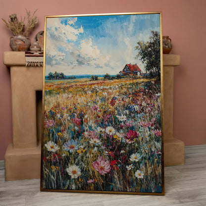 Cottage in Meadow with Wildflowers Canvas Print in rose gold floating frame