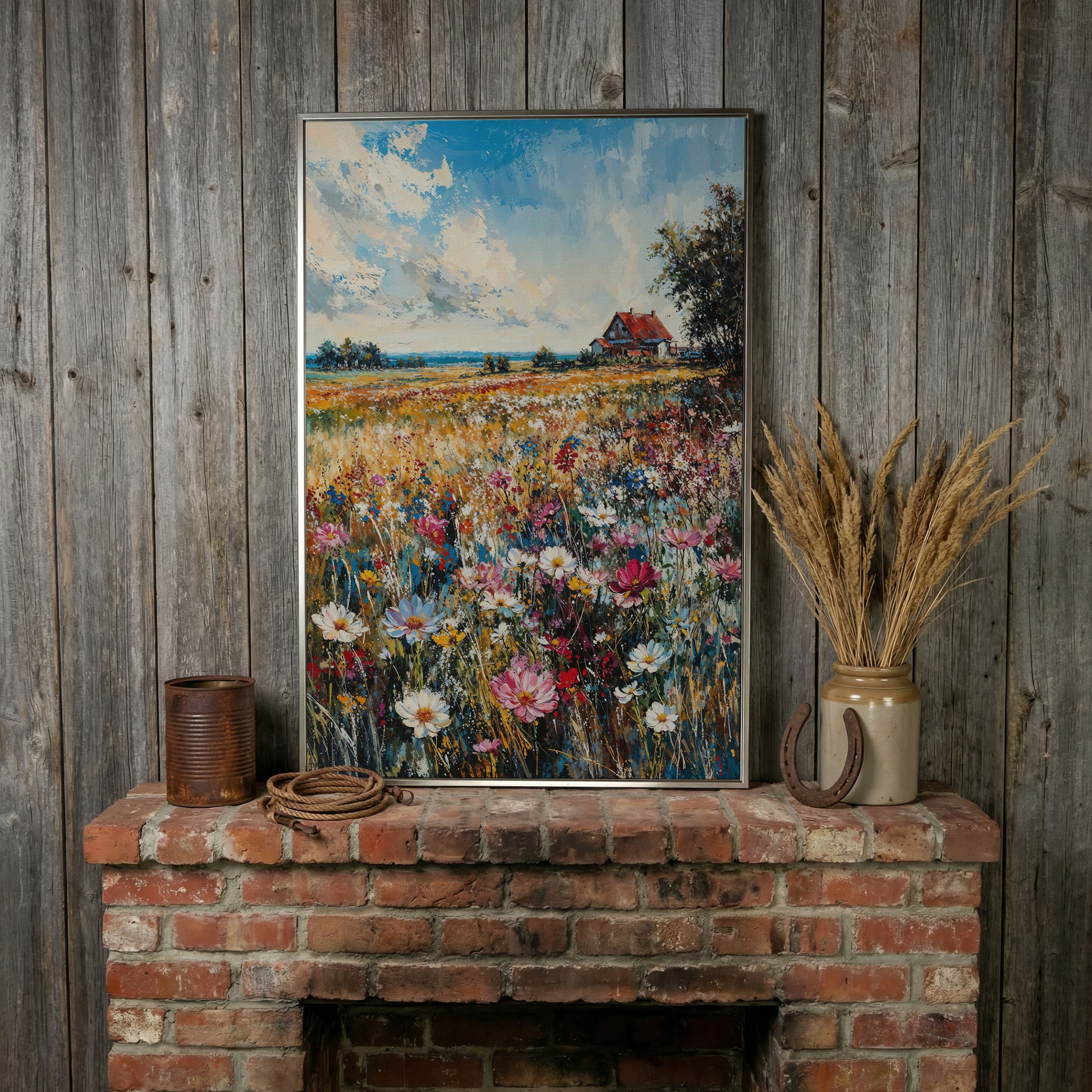 Cottage in Meadow with Wildflowers Canvas Print in silver floating frame