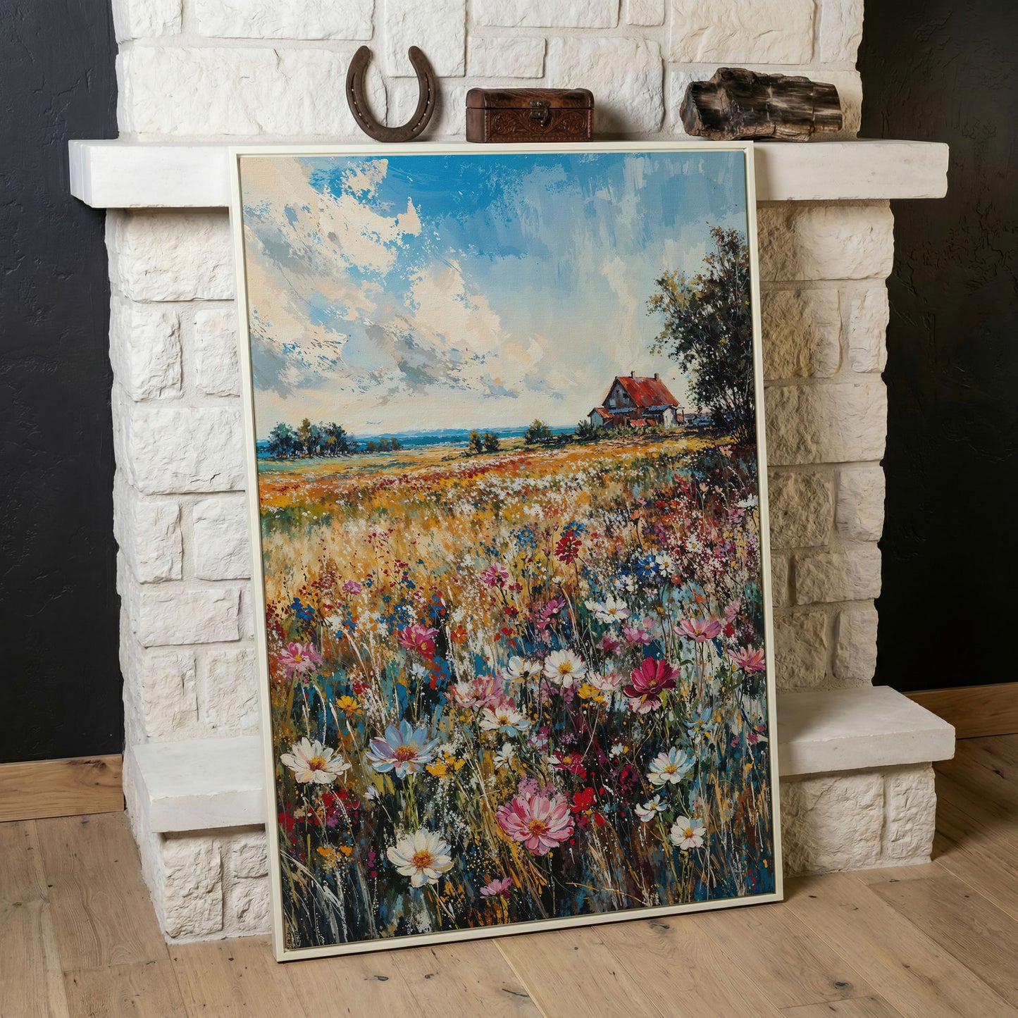 Cottage in Meadow with Wildflowers Canvas Print in white floating frame