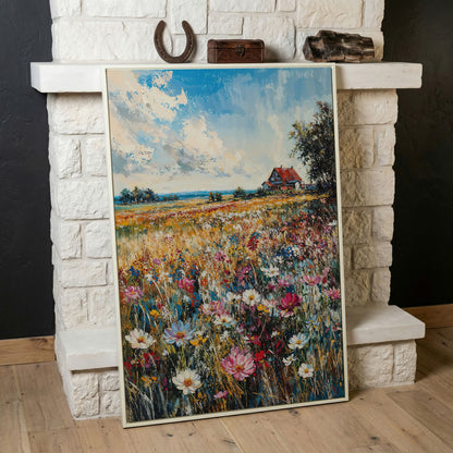 Cottage in Meadow with Wildflowers Canvas Print in white floating frame